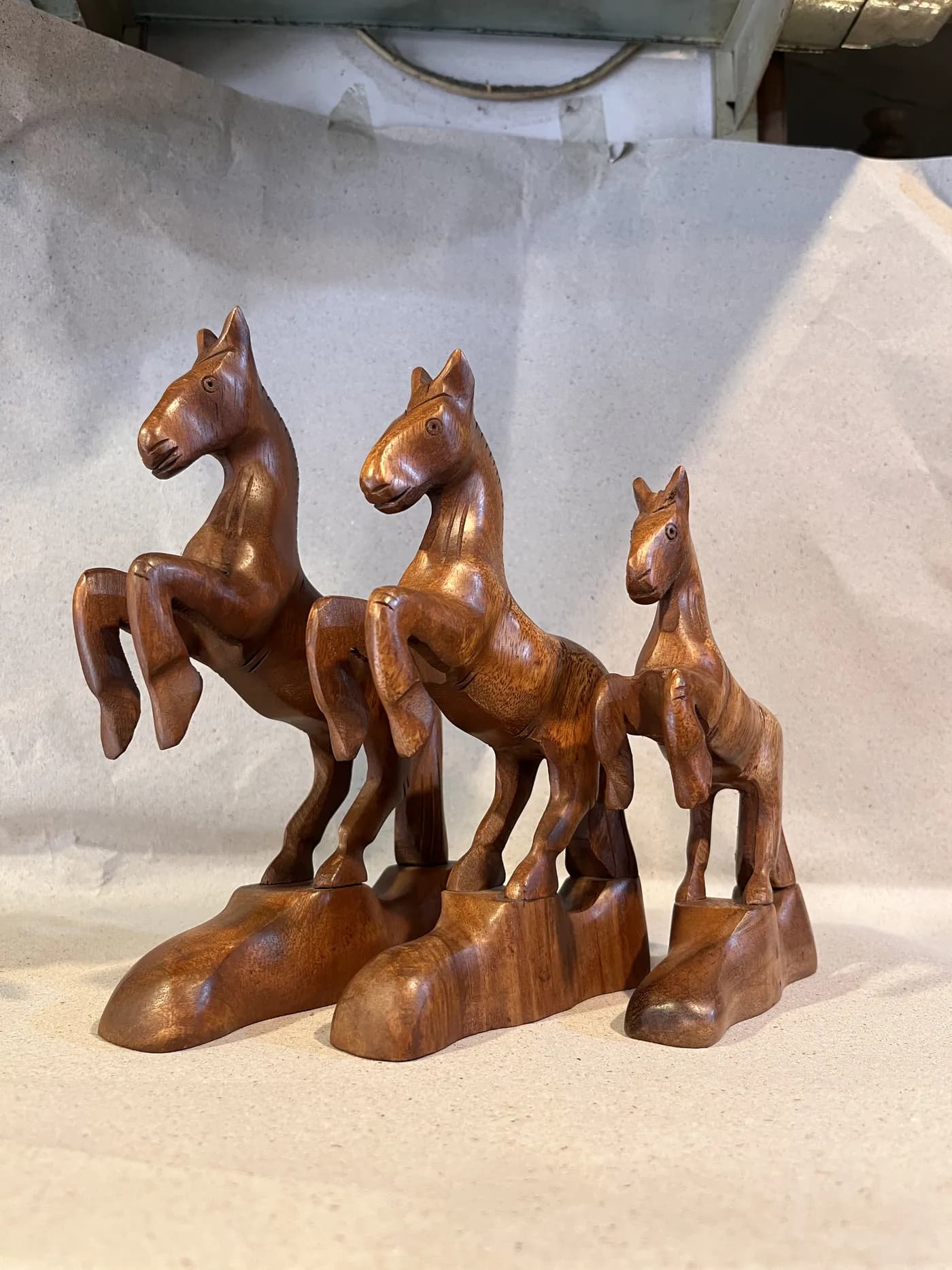 Hand-Carved Sheesham Wood Rearing Horse Set (3-Piece)