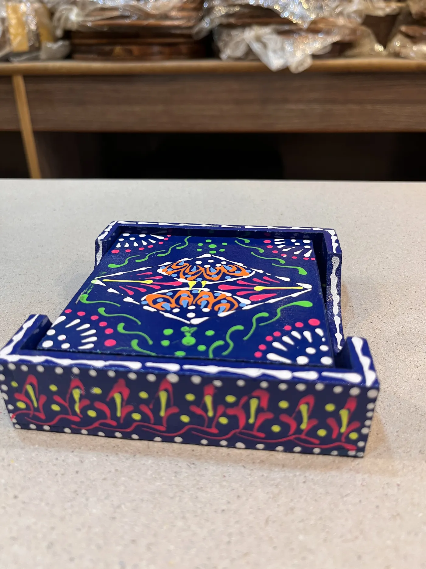 Hand-Painted Wooden Truck Art Tea Coasters (Set of 6 with Holder)